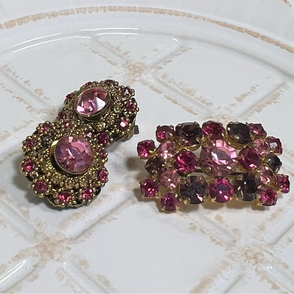 Vintage Pink Rhinestone Brooch & Clip-On Earrings Set